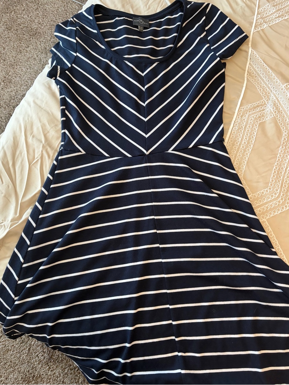 Market & Spruce Navy and White Striped Fit & Flare Short Sleeve Dress
